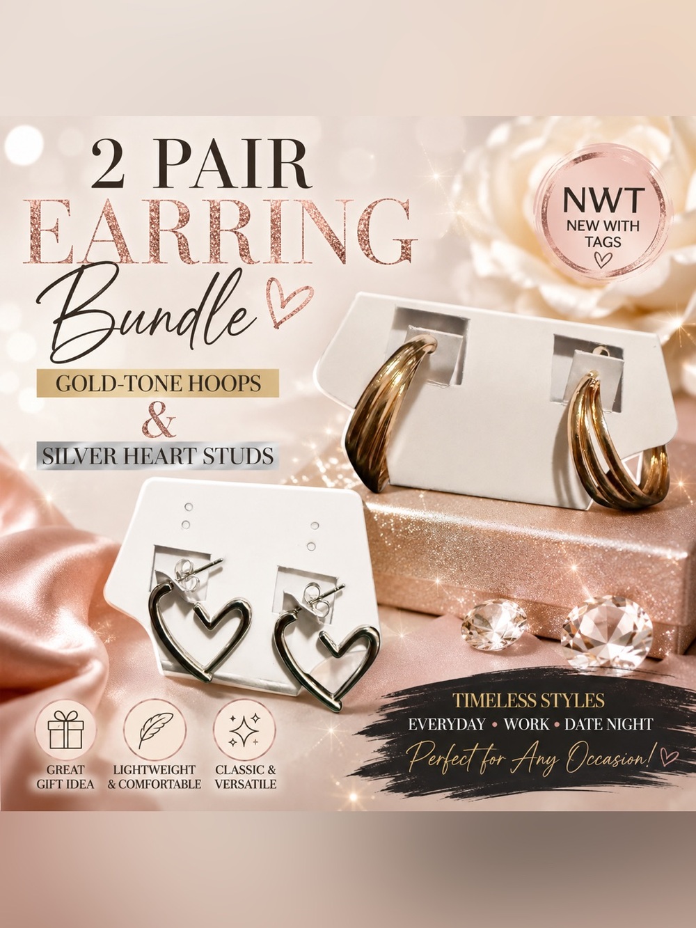 NWT 2 Pair Fashion Earrings Bundle-Gold-Tone Hoops & Silver Open Heart Stud